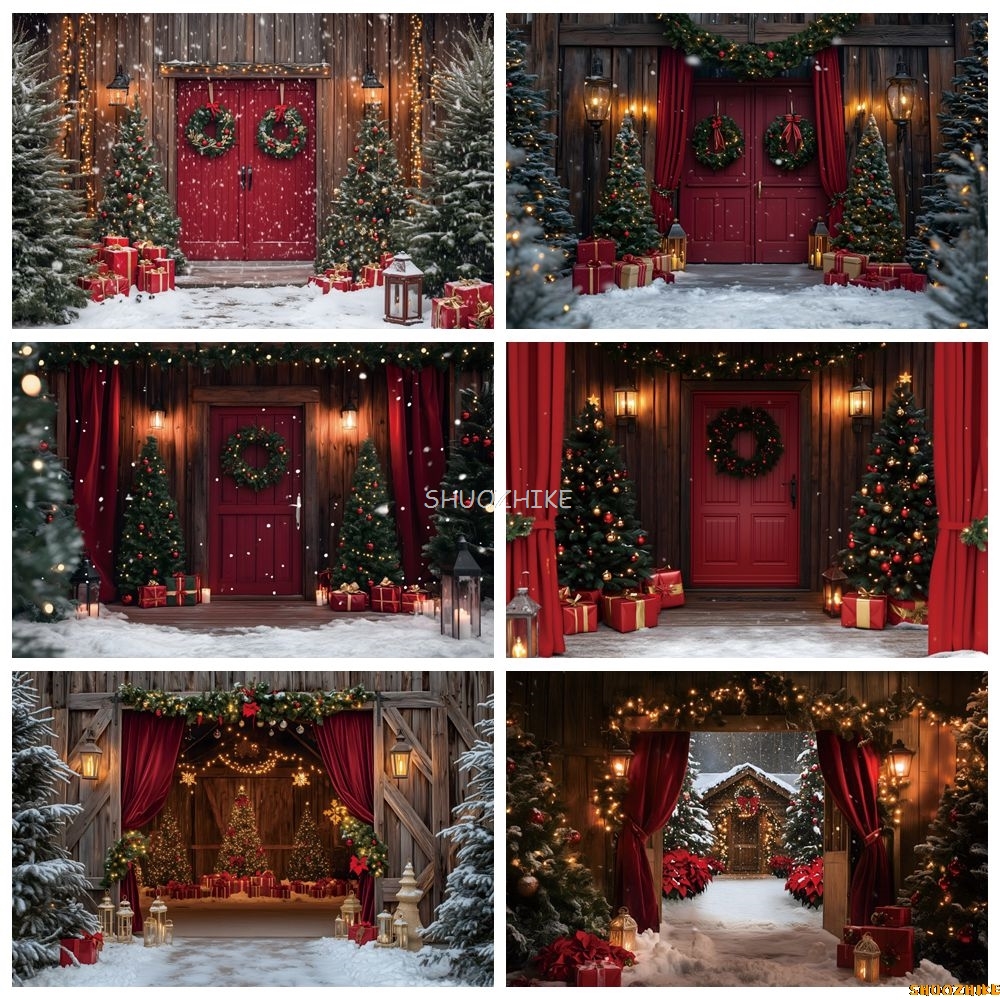 Christmas Red Barn Door Backdr - Photography Lighting Portrait avaliação e preço
