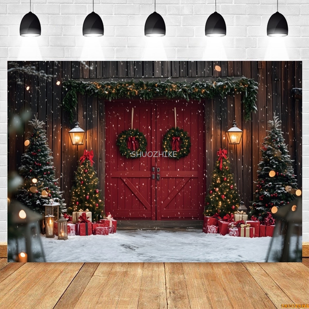 Christmas Red Barn Door Backdr - Photography Lighting Portrait avaliação e preço