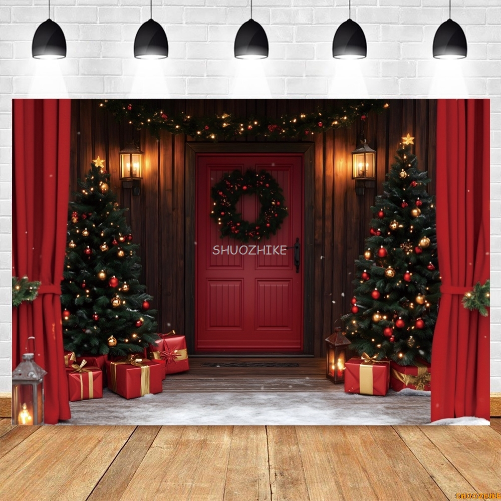 Christmas Red Barn Door Backdr - Photography Lighting Portrait avaliação e preço