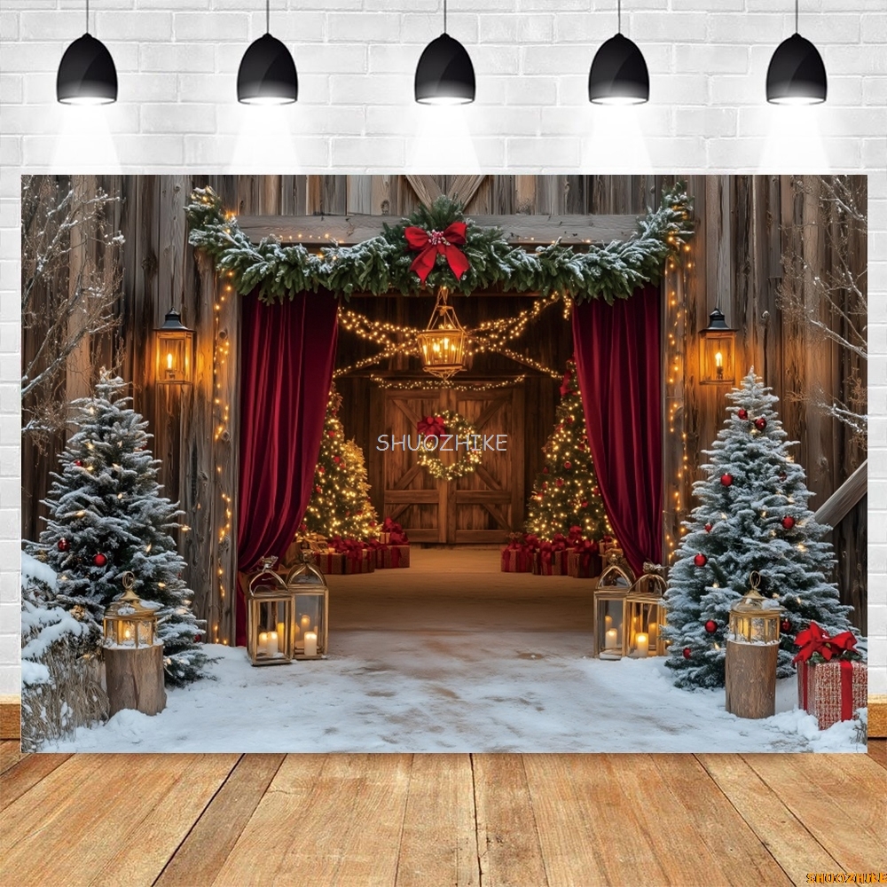 Christmas Red Barn Door Backdr - Photography Lighting Portrait avaliação e preço